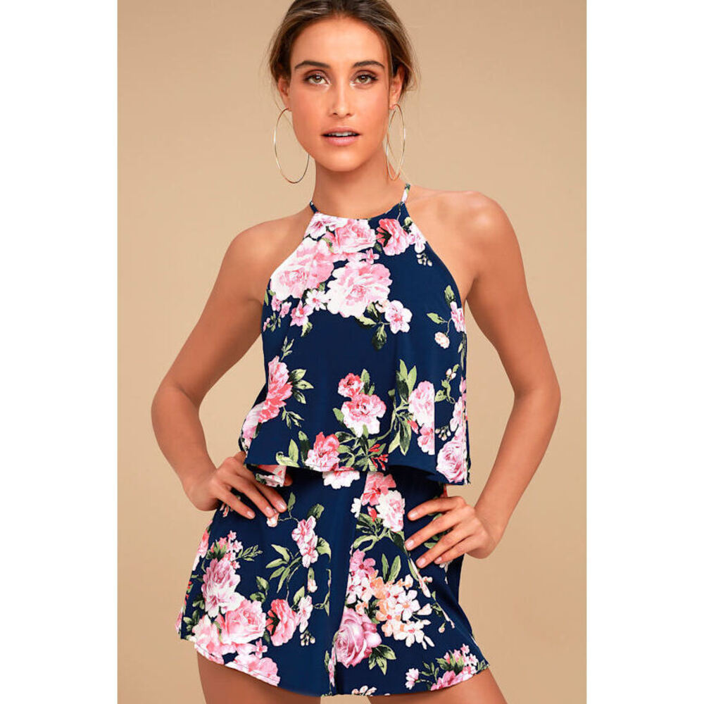 Lulus In The Garden Navy Blue Floral Print Romper - Size XS